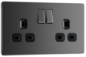 GoodHome Nickel effect Double 13A Gloss Black Socket 2 poles