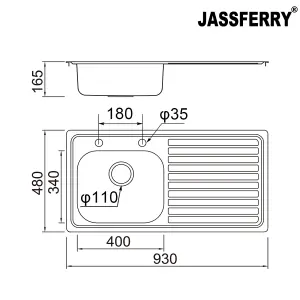 JASSFERRY Inset Stainless Steel Single Bowl Kitchen Sink Right Hand Drainer Two Pre-drilled Tap Hole, 930 x 480 mm