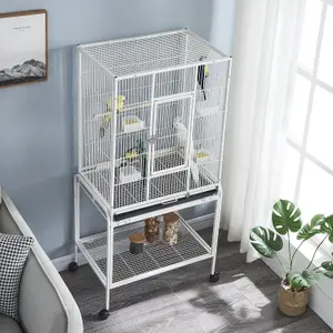 Large Bird Cages Parrot Cage Wide Flight Metal Animal Cage for Budgie Parakeet Conure With Rolling Stand Wheels (White, 62L x 43W