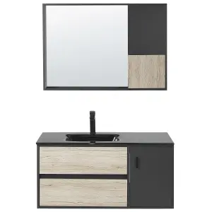 Bathroom Vanity Set with Mirrored Cabinet 100 cm Light Wood and Black TERUEL