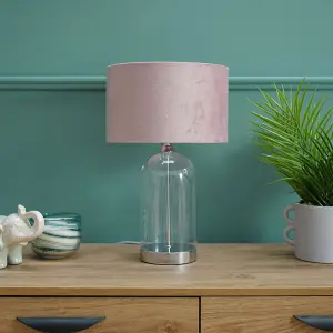 ValueLights Jessy Glass and Silver Chrome Metal Bedside Table Lamp with a Blush Pink Velvet Lampshade