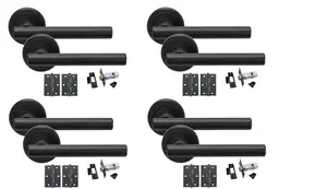 4 Sets Straight T-Bar Design Matt Black Finish Door Handles On Rose with Black Ball Bearing Hinges and Black 64mm Tubular Latch