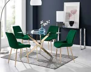 Furniturebox UK Leonardo 4 Gold Dining Table and 4 Green Pesaro Gold Leg Chairs