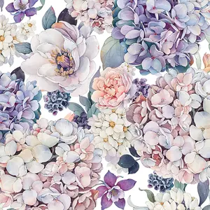 Hydrangea Bouquet Wallpaper in Soft Pastels on White