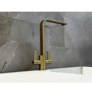 Liquida EB404BR Flat Style Modern Dual Lever Brushed Brass Kitchen Mixer Tap