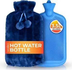 3.5L Extra Large Hot Water Bottle with Washable Blue Faux Fur Cover - Pain Relief, Hand Warmer, Hot & Cold Compress