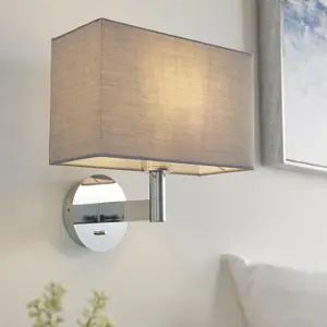 Wall Light & Shade Chrome Plate & Grey Fabric 60W E27 Living Room e10658