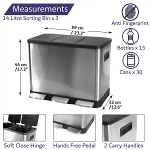 Kitchen Recycling Bin 42 Litre 3 Compartment Rubbish Bin Soft Close