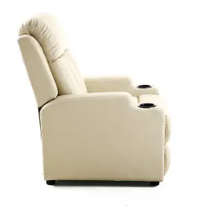 Studio Leather Recliner W Drink Holders Armchair Sofa Chair Cinema Gaming Cream