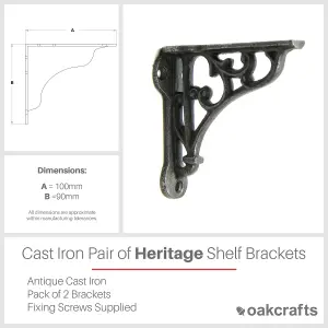 Oakcrafts -Pair of Antique Cast Iron Heritage Shelf Brackets - 100mm x 90mm