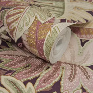 Grandeco Tribal Leaf Foliage Textured Wallpaper, Pink Purple