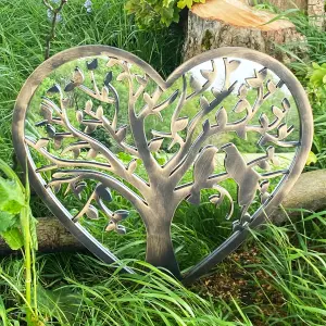 Tree of Life Copper Effect Outdoor Garden Wall Mirror - Bronze Distressed Decor with Robin Love Birds Makes a Great Memorial