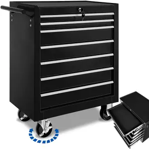 Tool Box - with wheels, 7 drawers, central locking system - black