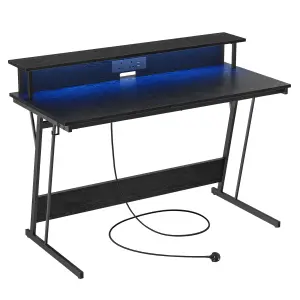 VASAGLE Gaming Desk with LED Lights and Built-In Power Outlets, Computer Desk with Monitor Shelf, Gaming Table for 2 Monitors