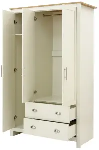 GFW Lancaster 3 Door 2 Drawer Wardrobe Cream