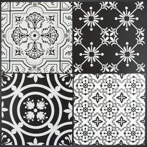 Floor Tiles Self Adhesive Vinyl Flooring Kitchen Bathroom Patterned Moroccan Mosaic Black Grey White - Pack of 4 (0.37sqm)