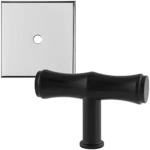 Cabinet Door Knob & Contrasting Backplate Set - Bamboo T Bar Pull - Matt Black & Chrome