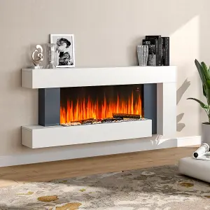 Electric Fire Suite Black Fireplace with White Surround Set and Left Night Light,Remote Control 52 Inch