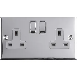 2 Gang Double UK Plug Socket POLISHED CHROME & GREY 13A Switched Power Outlet