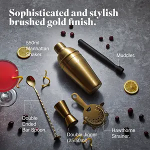 VonShef Cocktail Shaker Set Brushed Gold - 550ml Manhattan Shaker 5pc Home Bar Set with Strainer, Muddler, Jigger & Gift Box