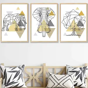 Set of 3 Geometric Line Art Yellow Elephant Tree Set Wall Art Prints / 42x59cm (A2) / Oak Frame