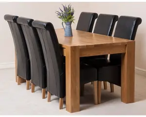 Kuba 180 x 90 cm Chunky Oak Dining Table and 6 Chairs Dining Set with Montana Black Leather Chairs