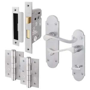 AFIT Satin Chrome Bathroom Door Handle Set - Victoria Scroll Shaped - 1 Pair of Internal Door Handles, Hinges 76mm & Lock 64mm