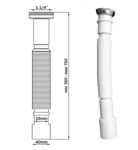 Aniplast 5/4 Inch x 32/40mm Flexible Drain Waste Trap with Chromed Nut Adjustable Siphon