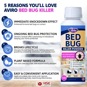 Aviro Bed Bug Killer Powder - Natural Bed Bug Treatment. Bed Bug Powder for Use on Hard & Soft Surfaces Including Mattresses. 600g