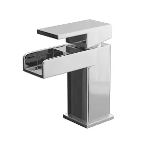 Waterfall Basin Sink Tap, Chrome Square  Single Lever Mono Mixer, Brass Faucet with Push Waste Plug