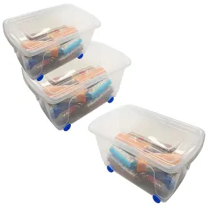 3 x 45 Litre Strong Plastic Storage Boxes For Home, Office & Schools Complete With Lid & Built In Wheels