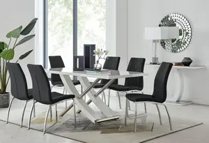 Furniturebox UK 6 Seater Dining Set - Mayfair High Gloss White Chrome Dining Table and Chairs - 6 Black Faux Leather Isco Chairs