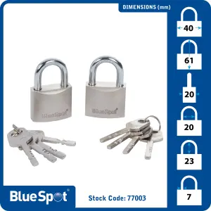 Blue Spot Tools - 2 Pce 40mm Satin Finish Keyed Alike Padlocks