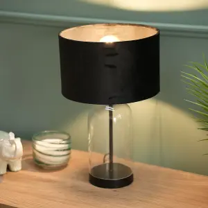 ValueLights Jessy Glass and Black Metal Bedside Table Lamp with a Black Velvet Lampshade