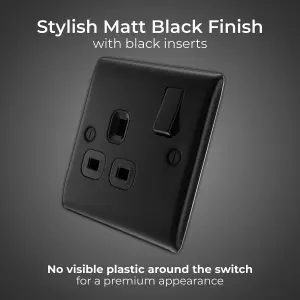 BG Nexus 13A Single Switched Socket, Matt Black, Black Inserts