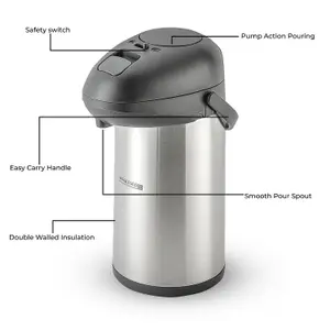 Royalford 4L Airpot Insulated Vacuum Thermal Flask Jug Tea Coffee Urn, Stainless Steel