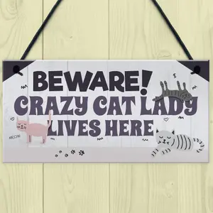 Red Ocean Funny CRAZY CAT LADY Hanging Plaque Animal Lover Sign Cute Cats Home Decor Door Gift