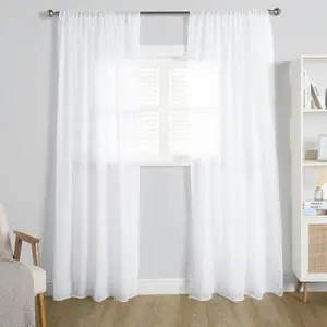 Linen Look Voile Curtains 2 Panels Net Rod Slot Top Pair 55x87", White