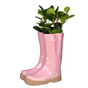 Pink Double Wellington Boots Large Ceramic Indoor Outdoor Flower Pot Garden Planter Pot