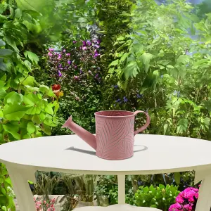 Watering Can Metal 0.65L Pastel Pink Planter 10cm Long Spout Emboss Leaf Garden