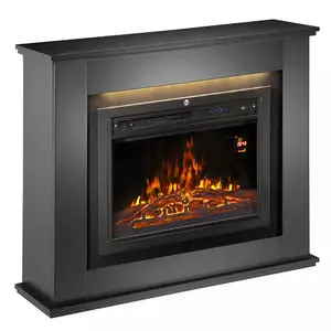 Modern Black White Electric Fireplace with Remote Control, Triangle LED Log Fire, and Stylish Mantle