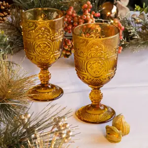 Set of 4 Vintage Luxury Amber Embossed Drinking Wine Glass Goblets 300ml