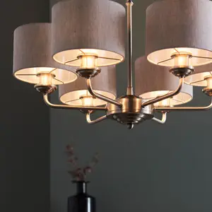 Haywood Brushed Chrome with Natural Linen Shades Classic Modern 6 Light Ceiling Pendant