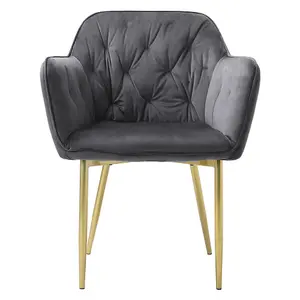 Grey Velvet Soft Padded Dining Chair with Gold Metal Legs