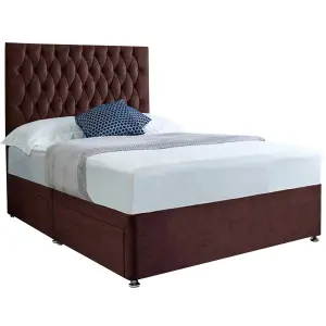 Jemma Divan Bed Set with Headboard and Mattress - Chenille Fabric, Brown Color, 2 Drawers Right Side