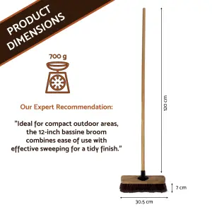 12-Inch Bassine Broom - Durable Yard and Garden Broom with Wooden Handle - Ideal for Compact Outdoor Spaces, Driveways