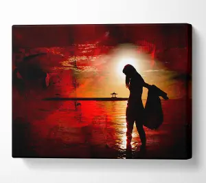 Red Sunset Ocean Walk Canvas Print Wall Art - Medium 20 x 32 Inches