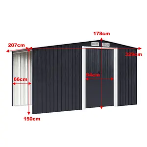 8 x 6 ft Metal Shed Garden Storage Shed Apex Roof Double Door with 6.7 x 2.1 ft Log Store, Black