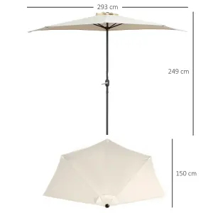 Outsunny 3(m) Half Round Parasol Garden Sun Umbrella Metal w/ Crank Cream White