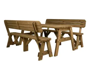 Victoria wooden picnic bench and table set, rounded outdoor dining set with backrest(8ft, Rustic brown)